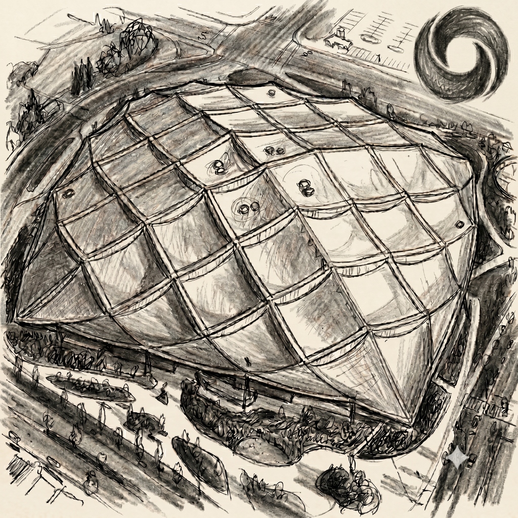 Sketch of the Google Bay View dome campus and DeepMind swirl logo representing career role