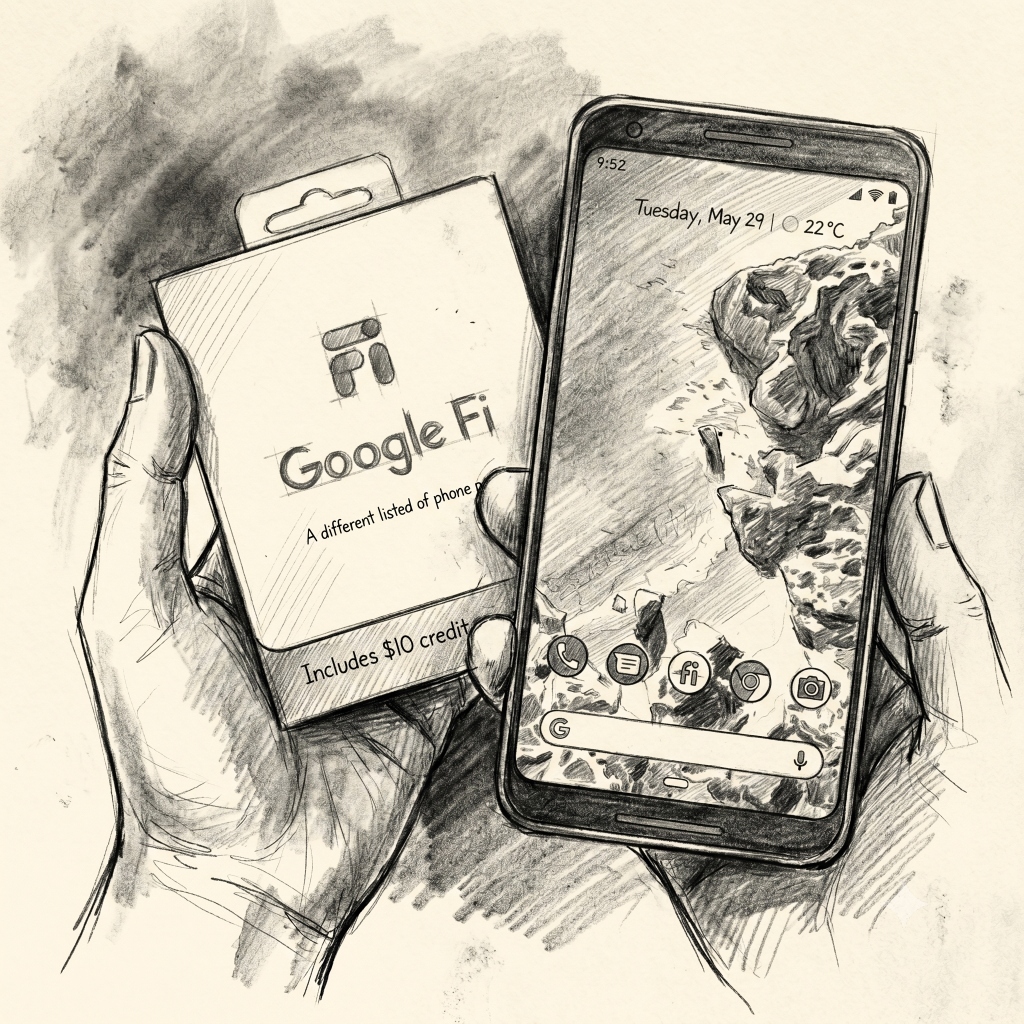 Sketch of hands holding a Google Fi phone and SIM card kit representing career role