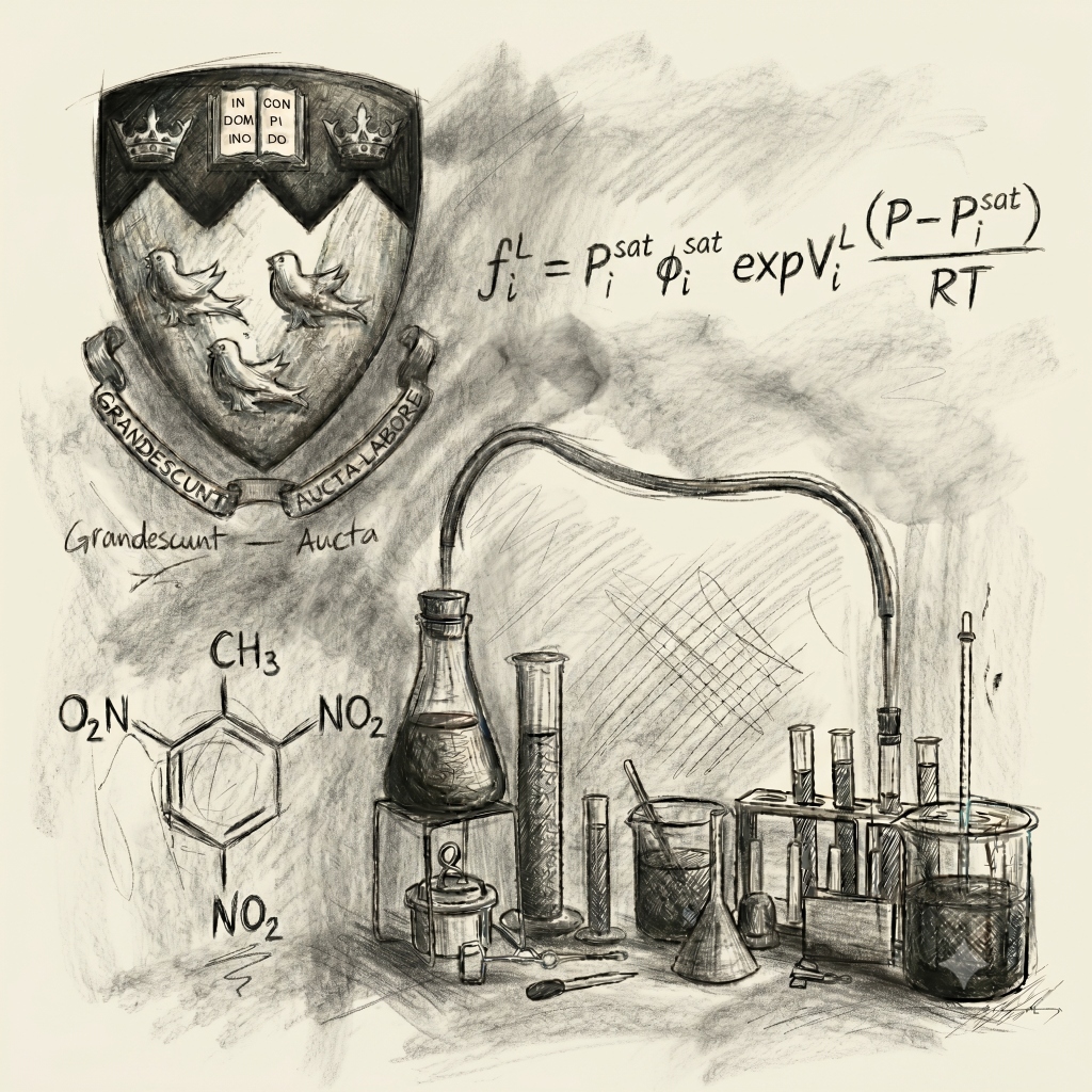 Sketch of McGill University coat of arms and chemical engineering laboratory equipment representing academic background