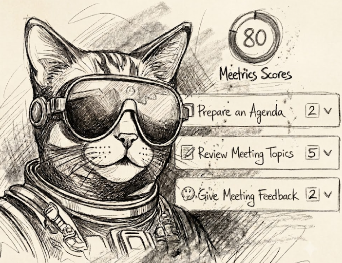 Sketch of a cool cat wearing spacesuit and goggles, representing Meetrics Scores dashboard for Meetrics AI role