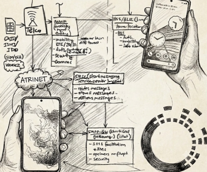 Sketch representing mobile telecom network architectures and mobile devices for OXIO role