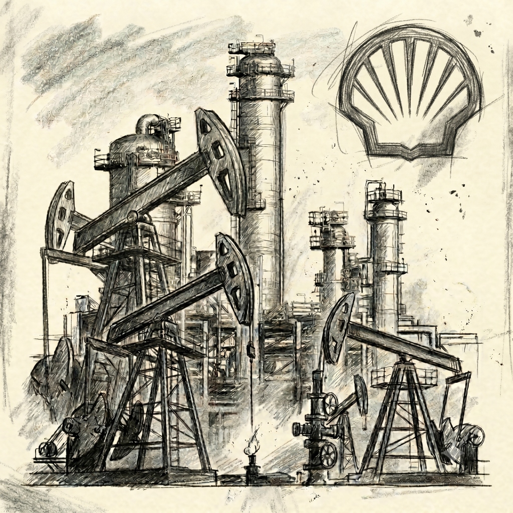 Sketch of an oil refinery and pumpjacks with Shell logo representing career role