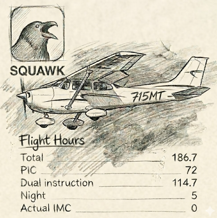 Sketch of a Cessna aircraft and Flight Hours log representing Squawk pilot community