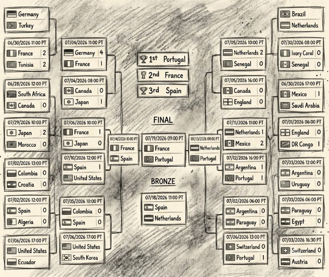 Sketch of a soccer bracket showing team matchups representing thoughts on AI'ing the World Cup