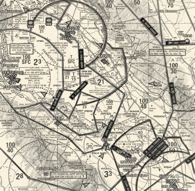 Sketch representing complex Bay Area flying