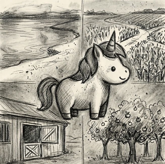 Sketch of a cute cartoon unicorn surrounded by barn, lake, fields, and orchard panels representing Unicorn Game