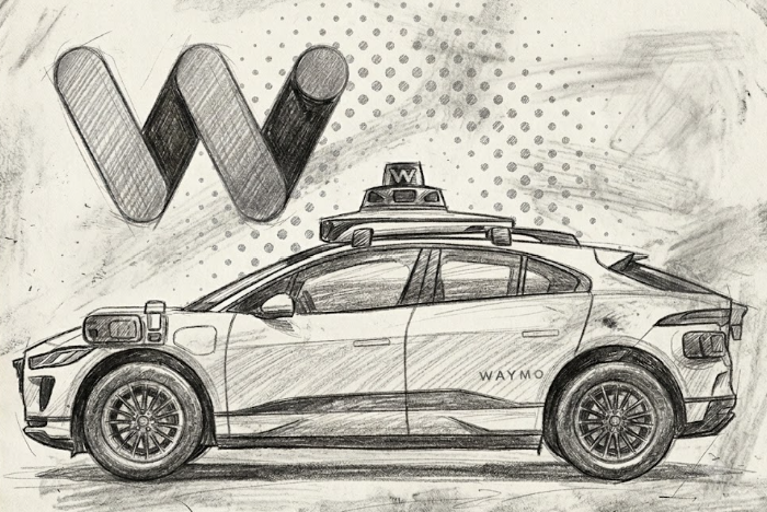 Sketch of a Waymo self-driving car and Waymo 'W' logo representing career role