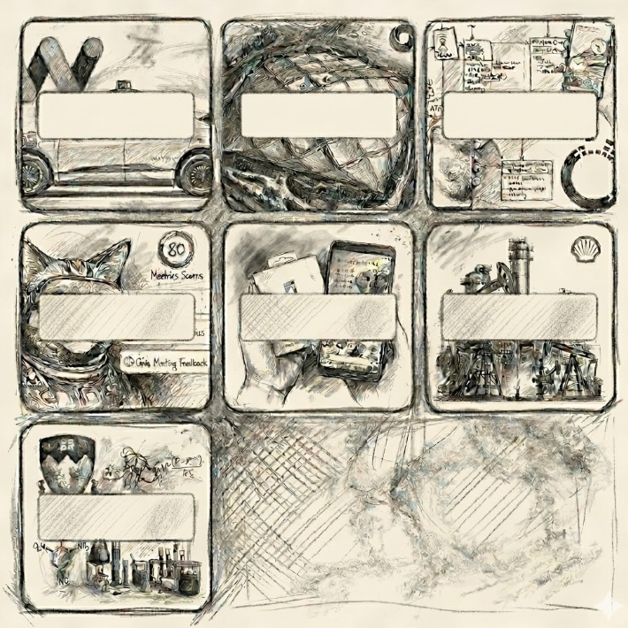 Sketch collage of a grid of square panels containing drawings of a self-driving car, stadium, flowchart, astronaut cat, mobile phone, refinery, chemistry equipment, and a globe representing ashishfernandez.com portfolio website