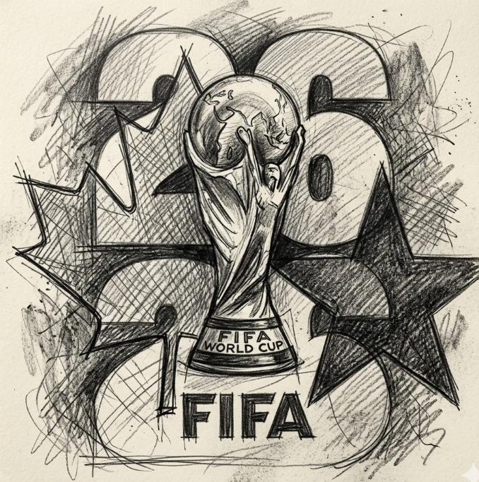 Sketch of the FIFA World Cup trophy with maple leaf, stars, and 2026 text representing World Cup 2026 pool app
